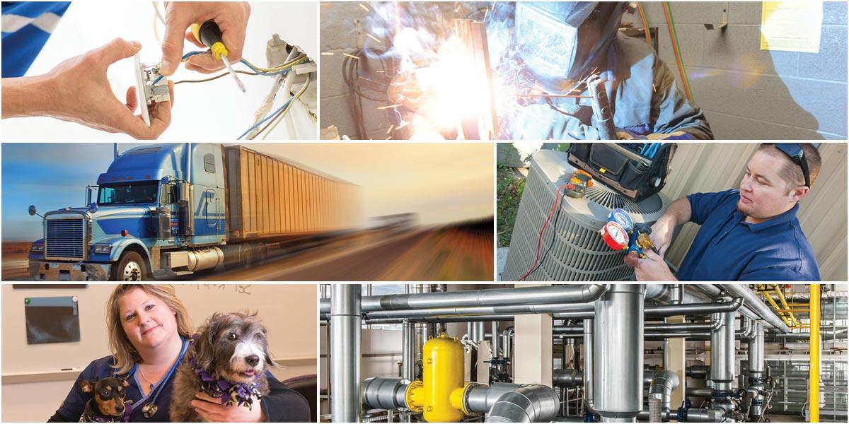 Collage of occupational skills images: welding, truck driving, electrical helper 